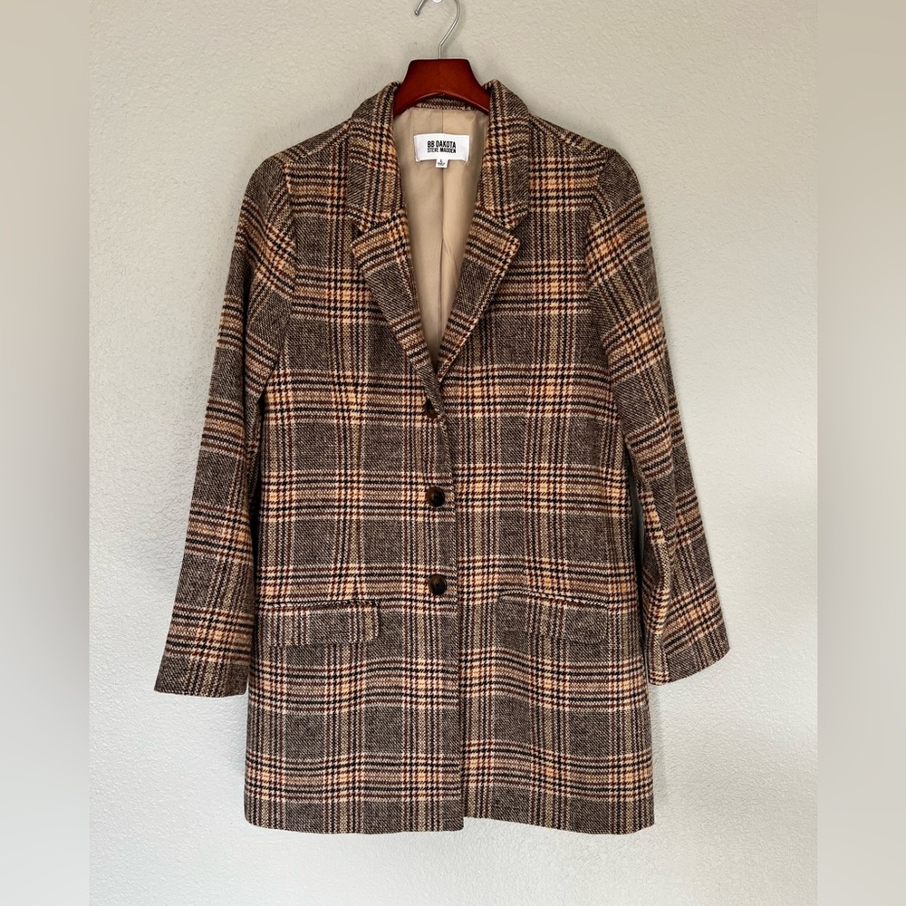 BB Dakota Steve Madden Check You Out Coat Brown Plaid Size L